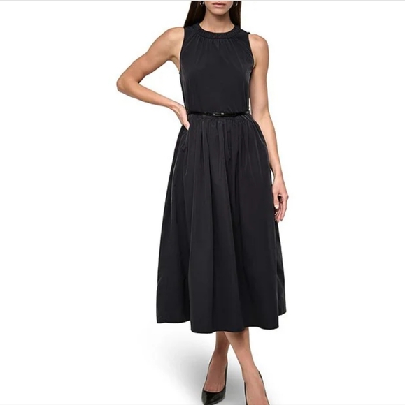 DKNY Ruched Crew Neck Drop Waist Tech Taffeta Midi Dress Black NWT 8 - Picture 1 of 9